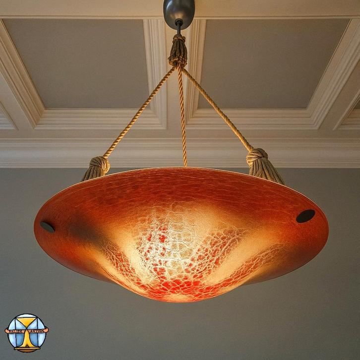Antieke Oranje Duits Art Deco WMF Ikora Glazen Hanglamp 1930, Huis en Inrichting, Lampen | Hanglampen, Zo goed als nieuw, 75 cm of meer
