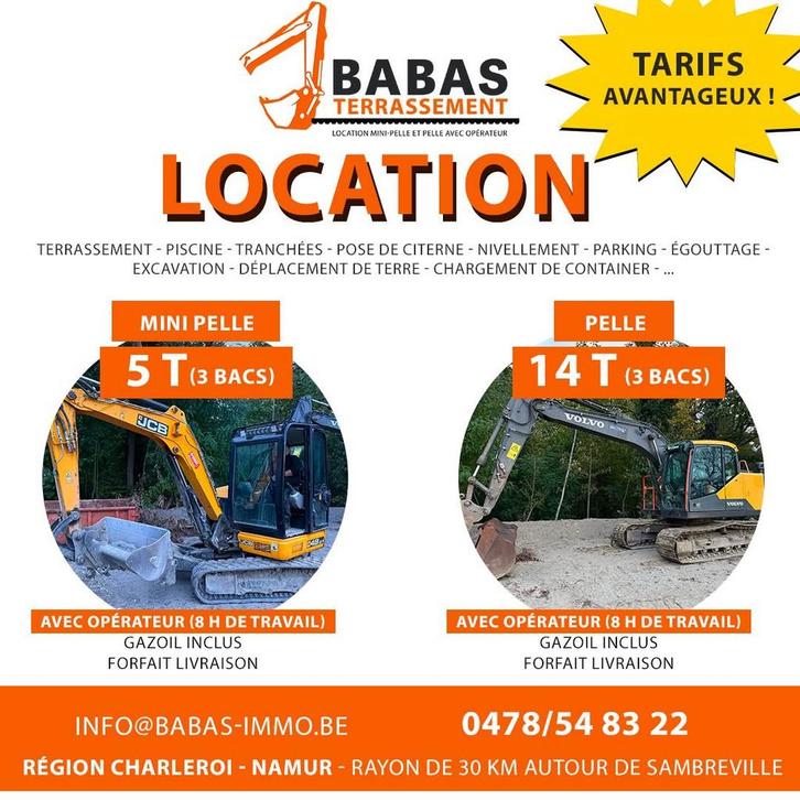 Location pelle et mini pelle avec opérateur, Bricolage & Construction, Conteneurs, Enlèvement ou Envoi