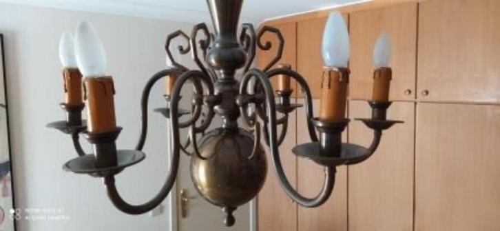 Rustieke bronzen Kroonluster , 6 armen, Huis en Inrichting, Lampen | Kroonluchters, Gebruikt, Overige materialen, Ophalen