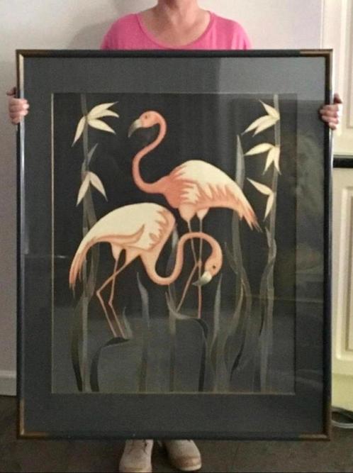 1970s Handgeschilderd Schilderij met Flamingo's op Zijde, Antiek en Kunst, Kunst | Schilderijen | Modern, Ophalen