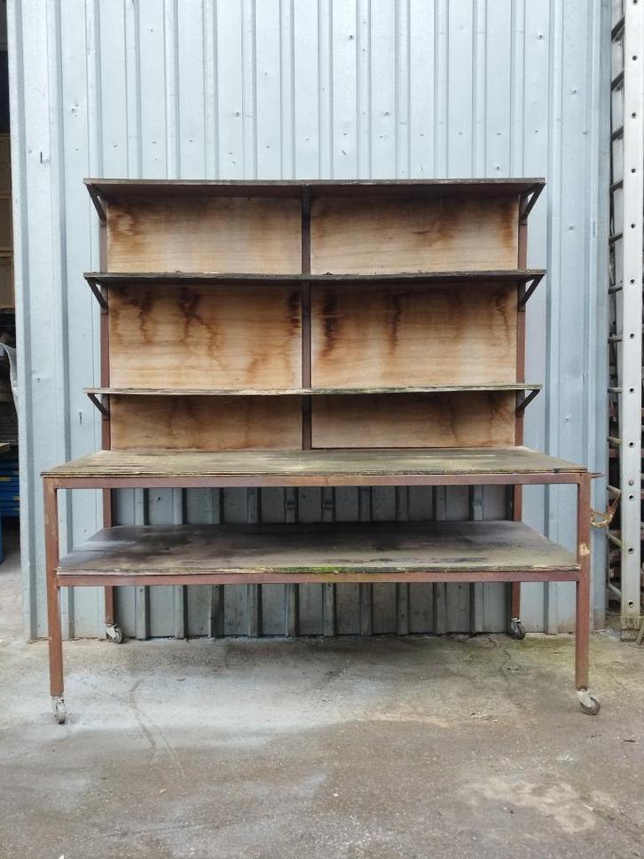 Mobiele metalen werktafel met multiplexplaten - 200x100 cm, Doe-het-zelf en Bouw, Werkbanken, Gebruikt, 170 cm of meer, Ophalen