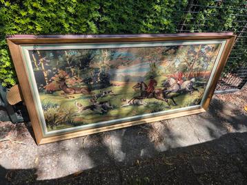 Vintage Frans groot ingelijst wandtapijt beschikbaar voor biedingen