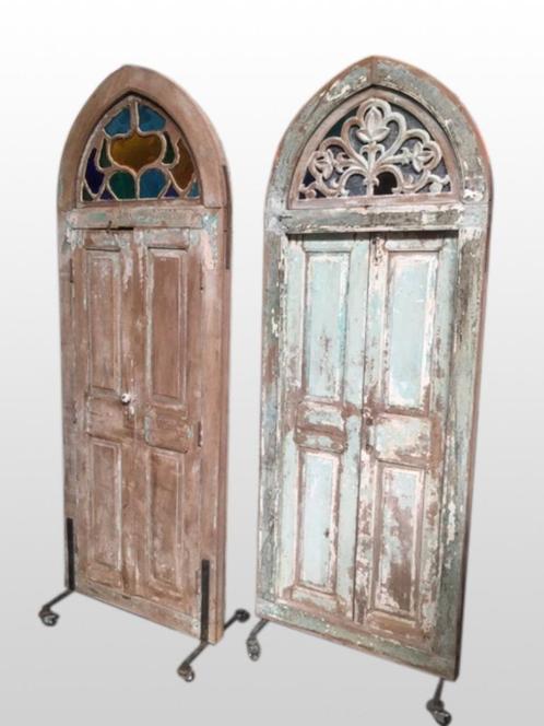 Oude hardhouten deur koloniaal met glas in lood, geweldig fr, Antiek en Kunst, Curiosa en Brocante, Ophalen of Verzenden