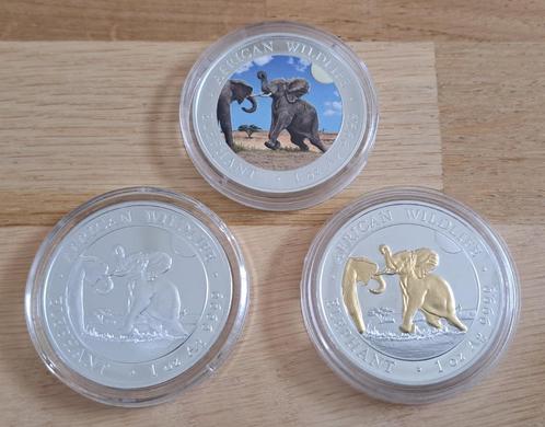 1 oz zilver SOMALIA ELEPHANT 2024 BU + GILDED + COLOURED, Timbres & Monnaies, Monnaies | Afrique, Série, Argent, Enlèvement ou Envoi