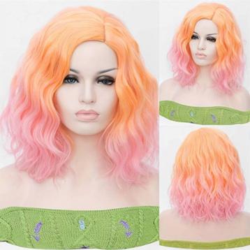 Pruik duo-color schouderlang met golfjes kleuren roze oranje beschikbaar voor biedingen
