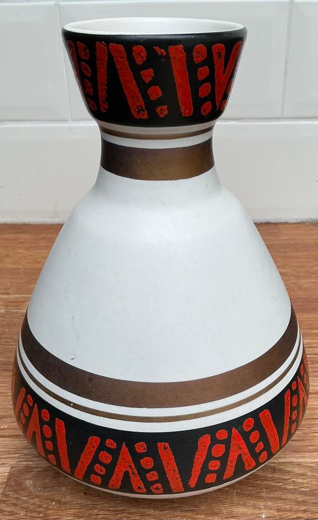 Retro Mid-Century Vaas – Rood/Wit/Goud – West-Germany 20 cm, Ophalen of Verzenden