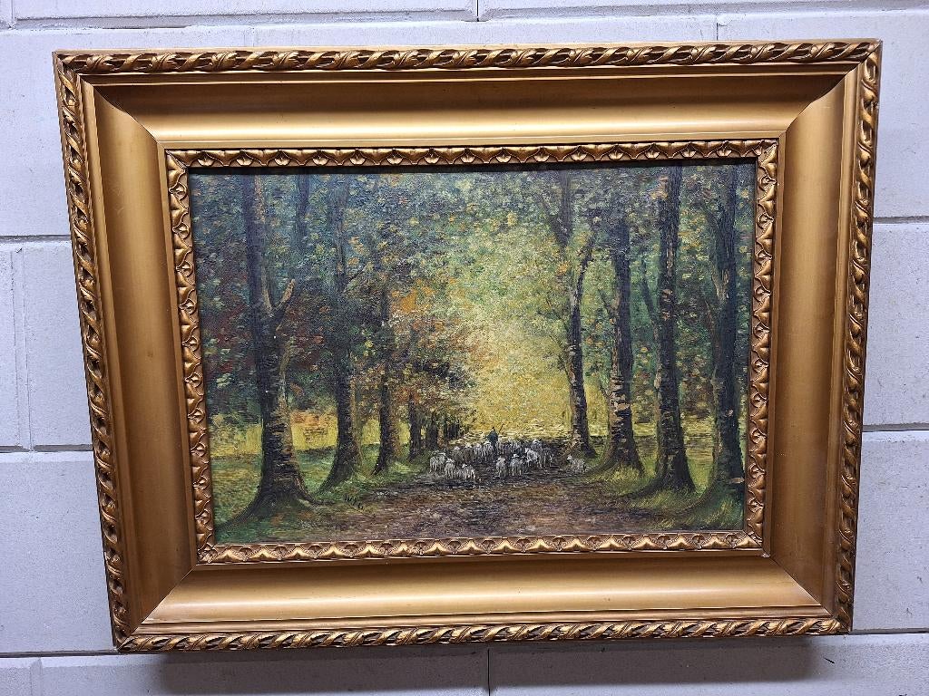 Herder met schapen  in een boslandschap, Ophalen of Verzenden