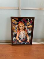 Cadre broderie sur toile vintage, Enlèvement ou Envoi, Utilisé, Bois, Moins de 50 cm