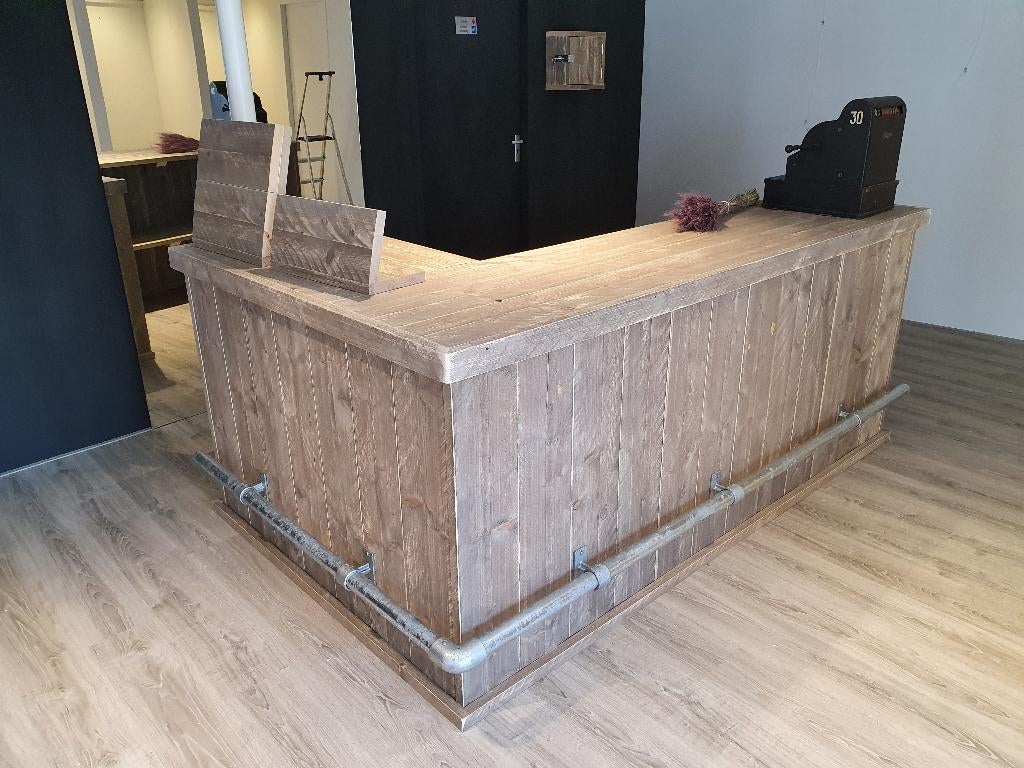 Unieke toog, toonbank L-model winkelbalie van steigerhout, Ophalen, Nieuw