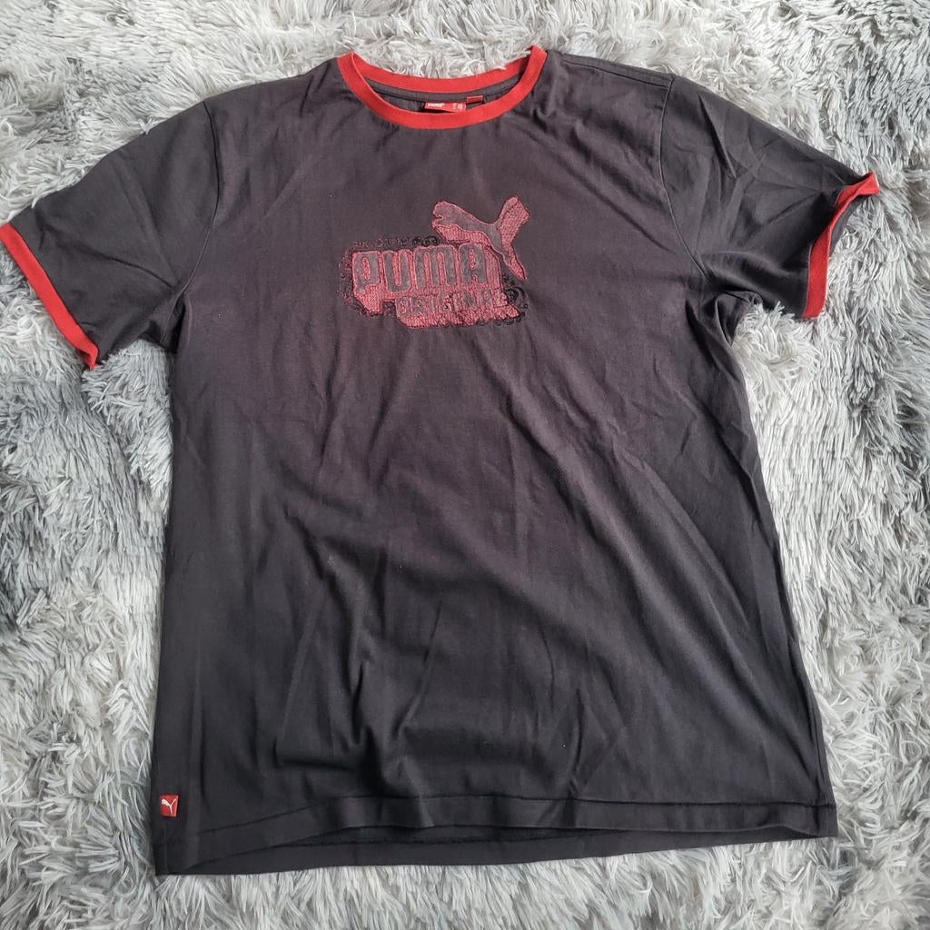Vintage T-shirt met Puma Big Cat-logo — antraciet en rood —, Kleding | Heren, T-shirts, Gedragen, Maat 52/54 (L), Overige kleuren