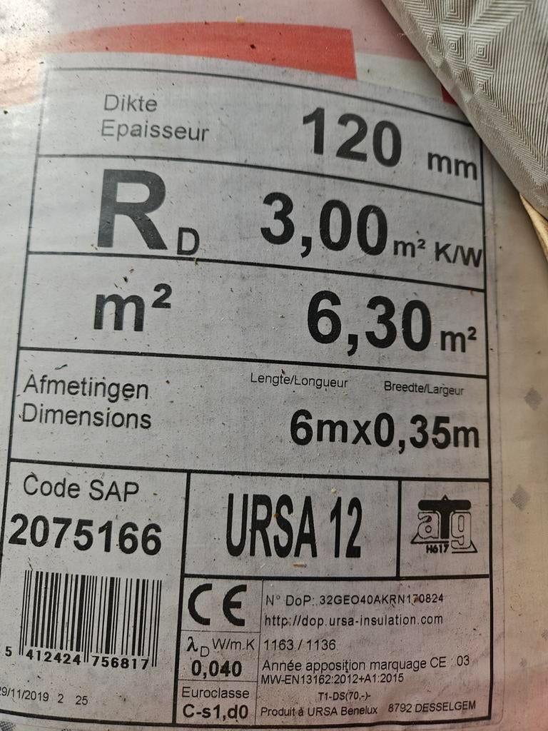 75m² dakisolatie 12 cm x 350 cm - nooit gebruikt, Doe-het-zelf en Bouw, Isolatie en Afdichting, 12 cm of meer, Nieuw, 15 m² of meer