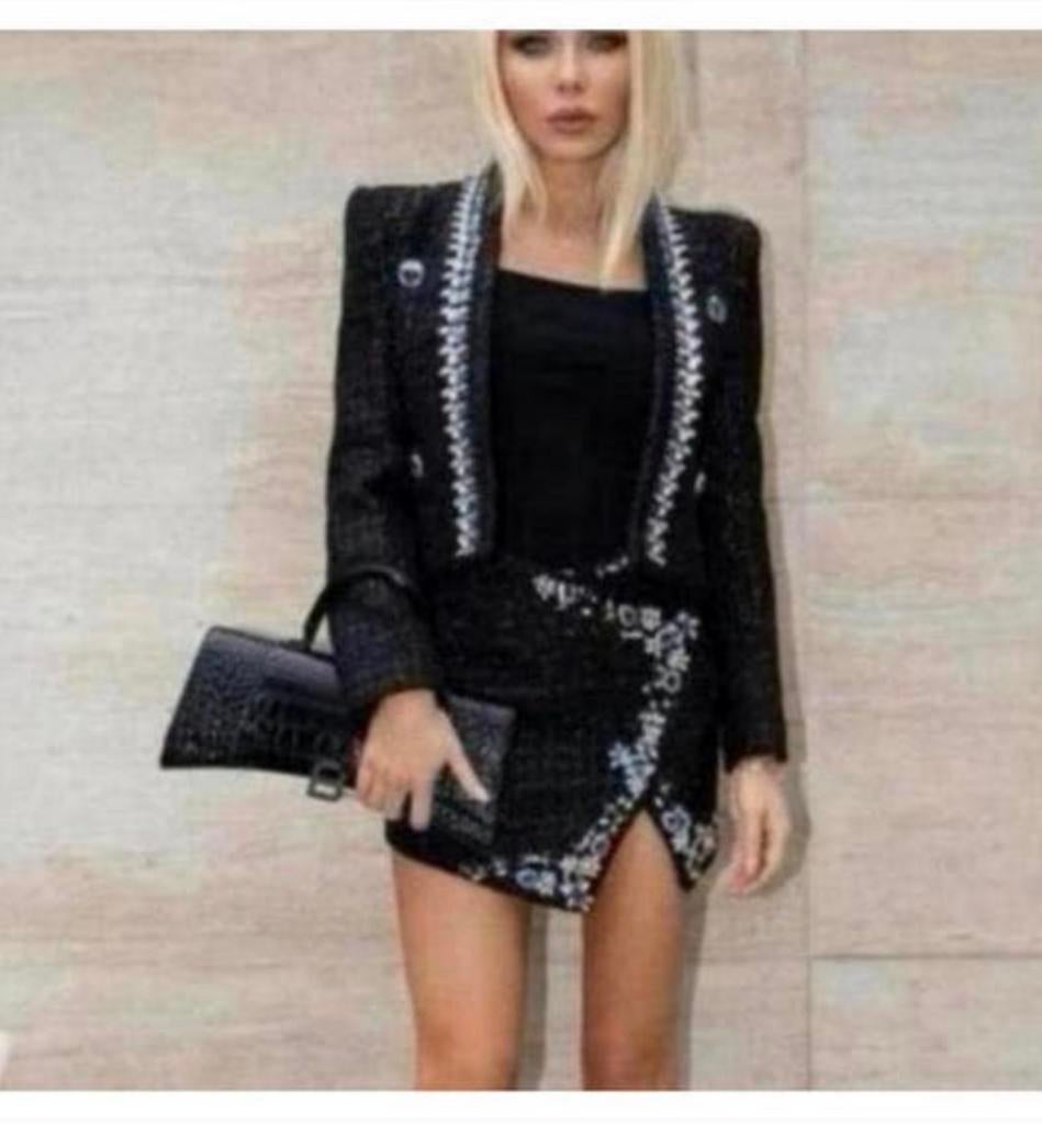 Kit blazer S jupe en tweed perlé fait main femmes et femmes, Enlèvement ou Envoi, Neuf, Taille 36 (S), Noir