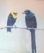 Twee vogels op een tak, Antiek en Kunst, Kunst | Schilderijen | Klassiek, Ophalen of Verzenden