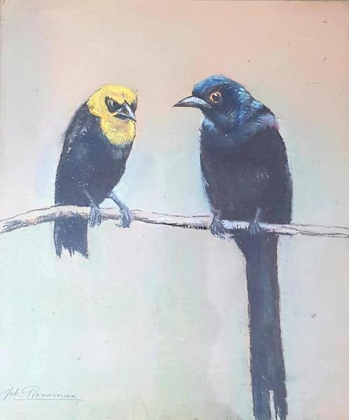 Twee vogels op een tak, Antiquités & Art, Art | Peinture | Classique, Enlèvement ou Envoi
