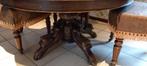 Antieke tafel+ 5 antieke stoelen paardenleer en wieltjes, Ophalen of Verzenden