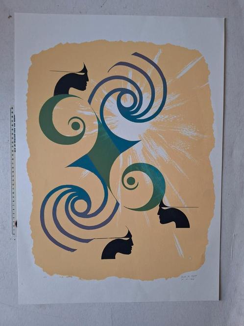 Zonnige zeefdruk Anneke De Keyser Compositie met gezichten, Antiek en Kunst, Kunst | Litho's en Zeefdrukken, Ophalen of Verzenden