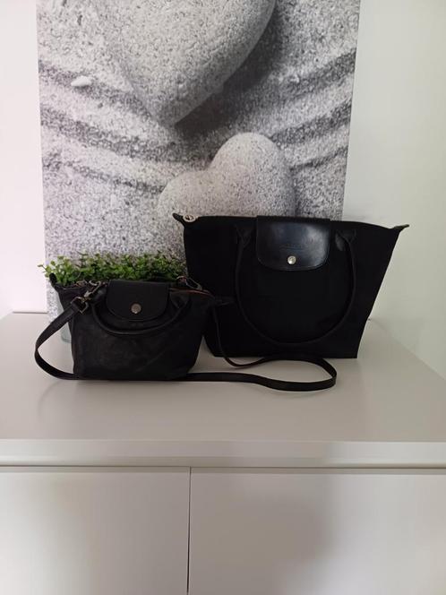 Longchamp Le Pliage mini leder + medium nylon, Handtassen en Accessoires, Tassen | Damestassen, Gebruikt, Schoudertasje, Zwart
