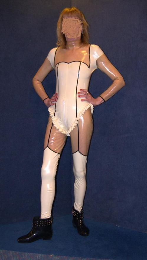 Latex wit/transparante catsuit met nekingang Maat S  rubber, Kleding | Dames, Overige Dameskleding, Zo goed als nieuw, Ophalen of Verzenden