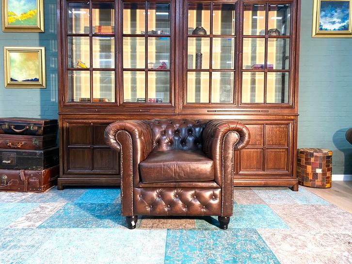 Prachtig Engelse Chesterfield club zetel bruin gevlamd, Maison & Meubles, Fauteuils, Comme neuf, Enlèvement ou Envoi