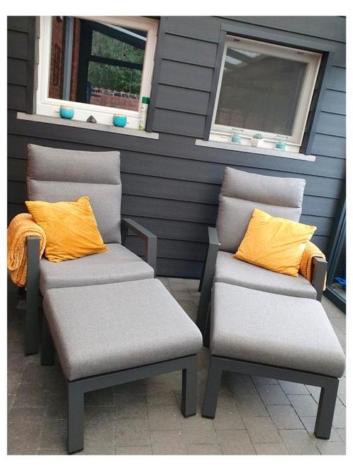 2 Loungestoelen met verstelbare rugleuning+ poefen, Tuin en Terras, Tuinsets en Loungesets, Zo goed als nieuw, Loungeset, Aluminium