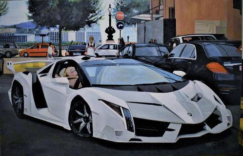 Lamborghini Veneno supercar painting, signed joky kamo, Antiquités & Art, Art | Peinture | Moderne, Enlèvement