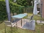 Tuinset bestaande uit tafel, 6 stoelen, 2 parasols, Tuinset, Eettafel, 6 zitplaatsen, Inox