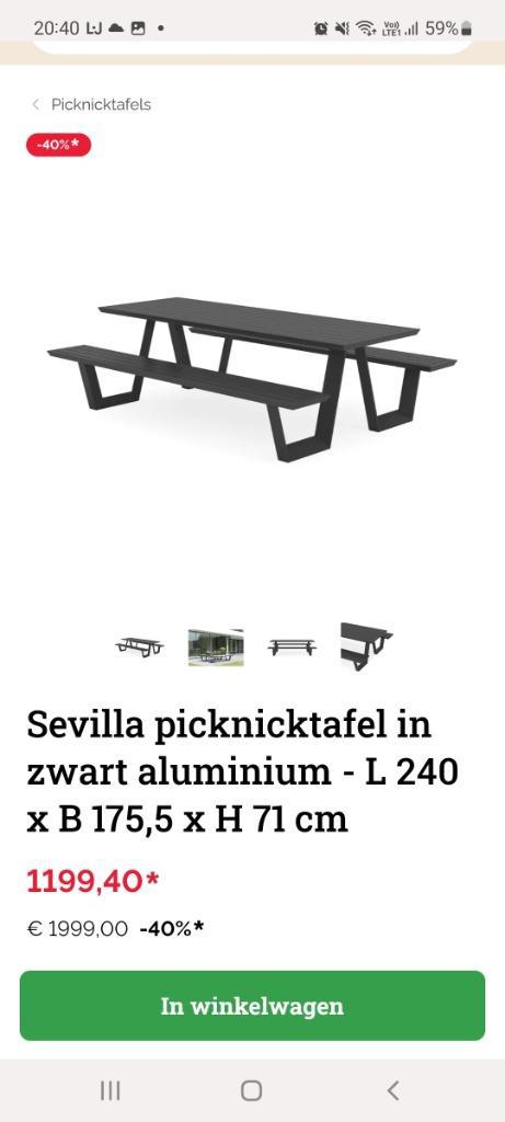 Picknicktafel in zwart aluminum 2,40 x 1,75, Tuin en Terras, Picknicktafels, Zo goed als nieuw, Rechthoekig, Aluminium, Ophalen