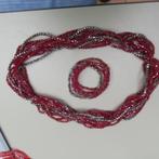Halsjuweel rode-zilver steentjes gevlochten (6x) + armband, Handtassen en Accessoires, Kettingen, Ophalen of Verzenden, Nieuw
