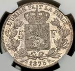 Belgium 5 Francs 1875 UNC, Monnaie en vrac, Argent, Argent, Envoi