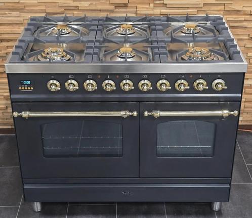 🔥Luxe Fornuis Boretti 100 cm antraciet + messing 6 pits, Elektronische apparatuur, Fornuizen, Zo goed als nieuw, Vrijstaand, Gas