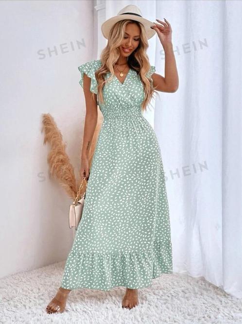 Shein - lange jurk - mintgroen- maat L - korte mouw, Kleding | Dames, Jurken, Zo goed als nieuw, Maat 42/44 (L), Groen, Onder de knie