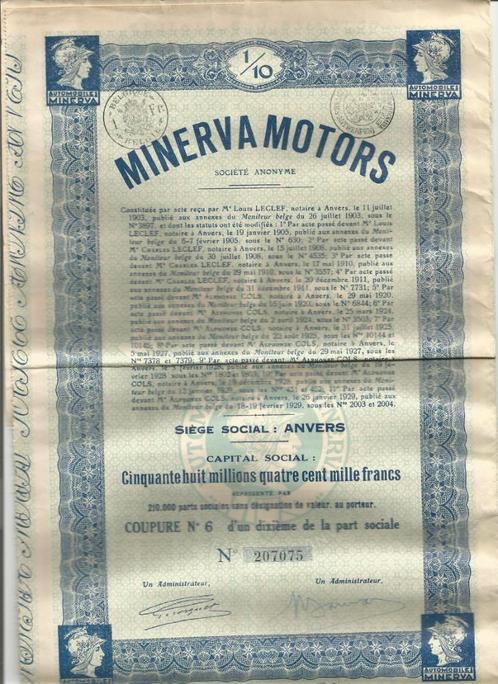 Minerva Motors 1/10 aandeel nr. 207075 Berchem 1929, Postzegels en Munten, Aandelen en Waardepapieren, Aandeel, 1920 tot 1950