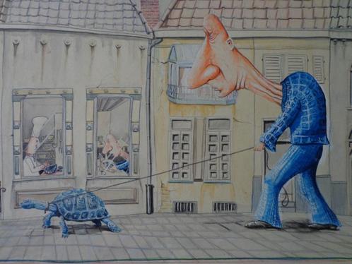 Dessin surréaliste Homme à longue tête et tortue, Antiquités & Art, Art | Dessins & Photographie, Enlèvement ou Envoi