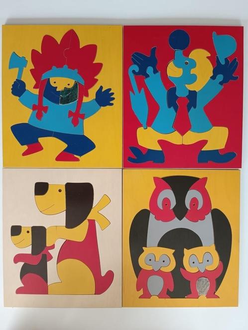 Set van 4 houten puzzels: Indiaan, clown, hond, uil, Kinderen en Baby's, Speelgoed | Kinderpuzzels, Gebruikt, 4 tot 6 jaar, 10 tot 50 stukjes