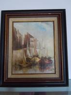 Peinture bateaux de pêche au quai huile sur toile, Antiquités & Art, Enlèvement ou Envoi