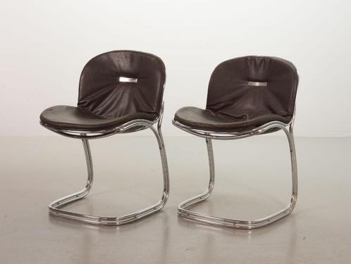 2 Gastone Rinaldi Vintage Design 'Eetkamerstoelen for Rima, Huis en Inrichting, Stoelen, Gebruikt, Twee, Leer, Metaal, Bruin, Ophalen