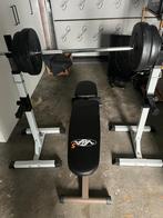 Basisset gewichten + bank + haltersteun, Sport en Fitness, Fitnessmaterialen, Ophalen, Zo goed als nieuw, Buik, Halterset