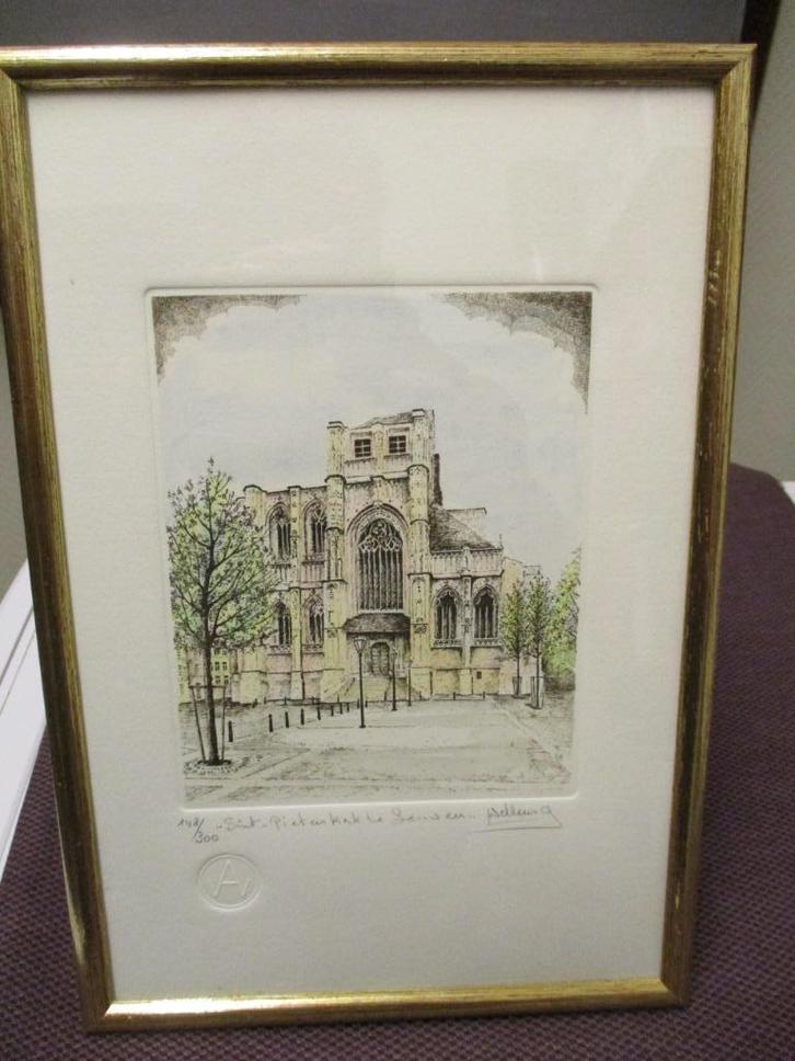 GEKLEURDE ETS ST.PIETERSKERK-LEUVEN-ANDRE WELLENS, Antiek en Kunst, Kunst | Etsen en Gravures, Ophalen of Verzenden