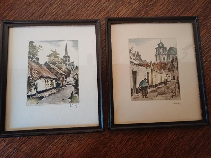 2 ingelijste etsen van Roger Hebbelinck (1912-1987), Antiek en Kunst, Kunst | Schilderijen | Klassiek, Ophalen of Verzenden