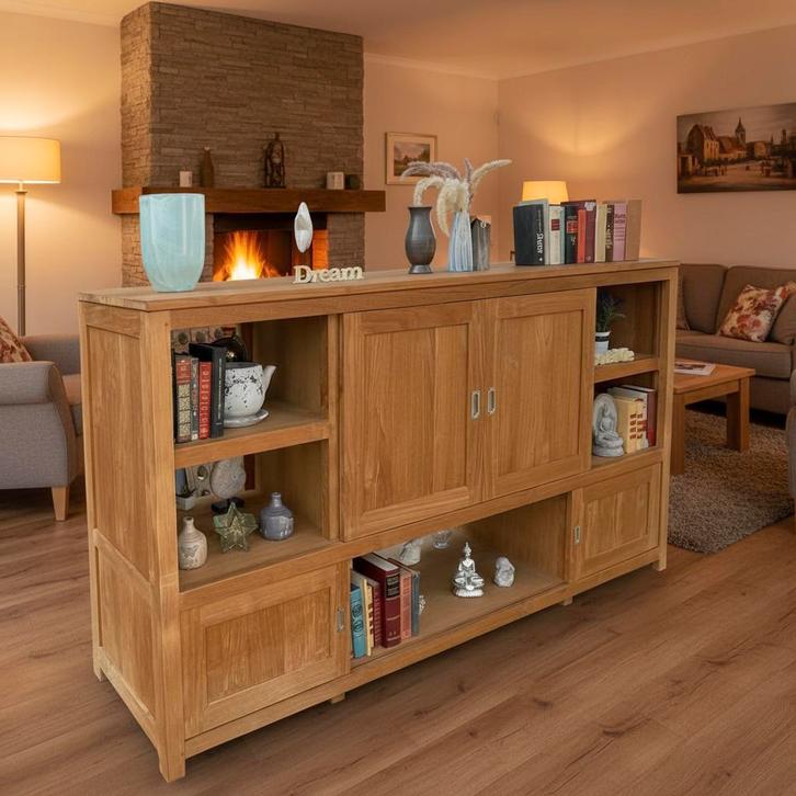 Teak dressoir roomdivider., Huis en Inrichting, Kasten | Dressoirs, Nieuw, 200 cm of meer, 50 tot 75 cm, Met deur(en), Met plank(en)