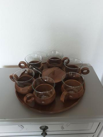 Dienblad met 6 houten kopjes ! Theesetje jaren 60 ZELDZAAM  beschikbaar voor biedingen