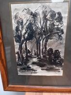 antieke papieren aquarel met kader, Ophalen of Verzenden