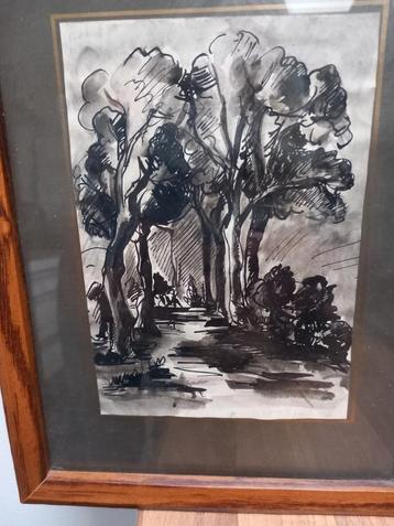 antieke papieren aquarel met kader beschikbaar voor biedingen