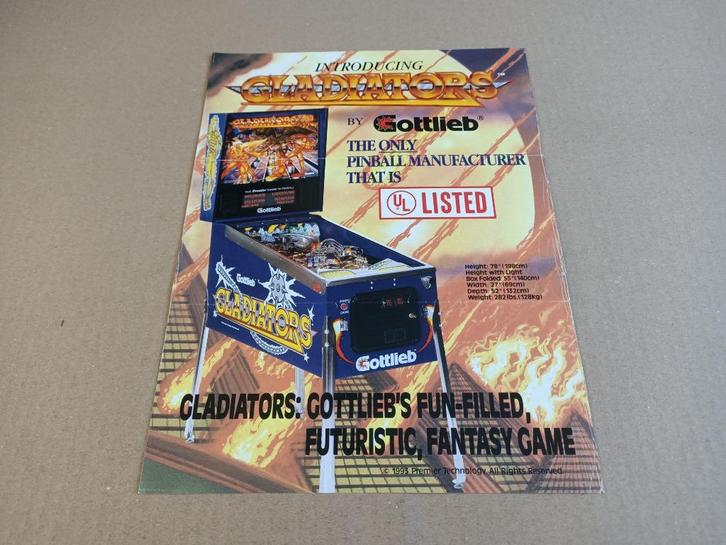 Flyer: Gottlieb Gladiators (1993) Flipperkast, Verzamelen, Automaten | Flipperkasten, Flipperkast, Gottlieb, Verzenden