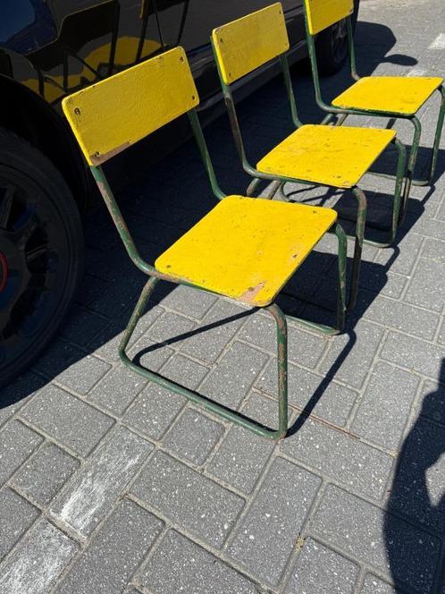 Vintage buisframe slede stoelen (kind) jaren 50 mid century, Huis en Inrichting, Stoelen, Gebruikt, Drie, Hout, Metaal, Overige materialen