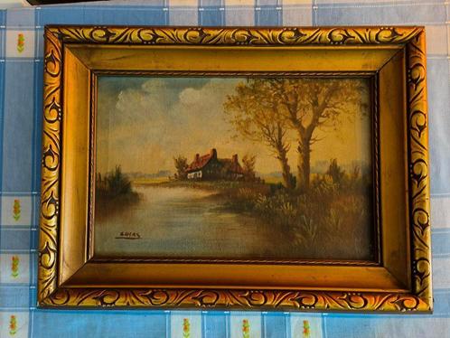 Klein schilderijtje op doek "Huis langs rivier", Antiquités & Art, Art | Peinture | Classique, Enlèvement