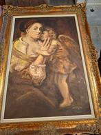 Groot schilderij van moeder met engel. 112 x 82 op doek, Antiek en Kunst, Ophalen