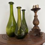 Set van 3 oude groene glazen flessen - H 36 en 29 cm, Ophalen of Verzenden