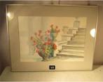 Mooi geschilderd Aquarel 'Bloemen bij Trap' - Erica Oort, Ophalen of Verzenden
