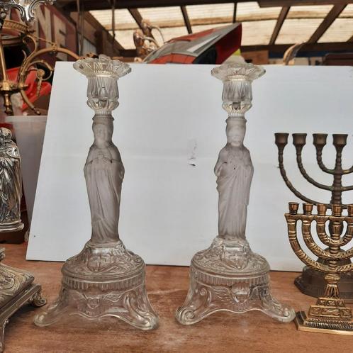 Kandelaars ( glas ) 29 cm , joodse kandelaars , religiebeeld, Verzamelen, Religie, Zo goed als nieuw, Ophalen of Verzenden